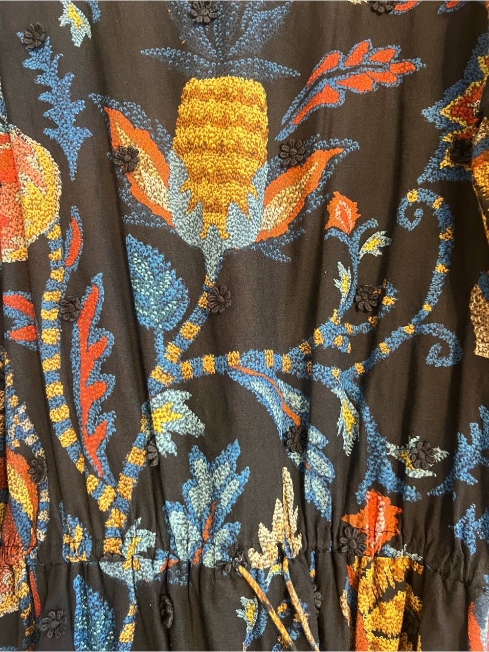 Farm Rio Black Latina Scarf Tapestry Embroidered Puff Sleeve Mini Dress Size M - Picture 8 of 9